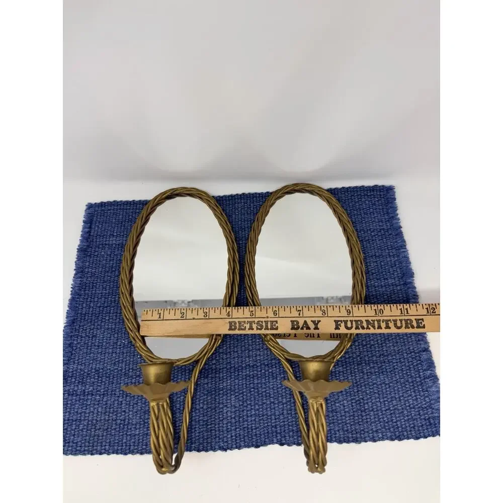 Pair Vintage Gold Tone Oval Mirror Candle Wall Sconces Hollywood Regency Rope